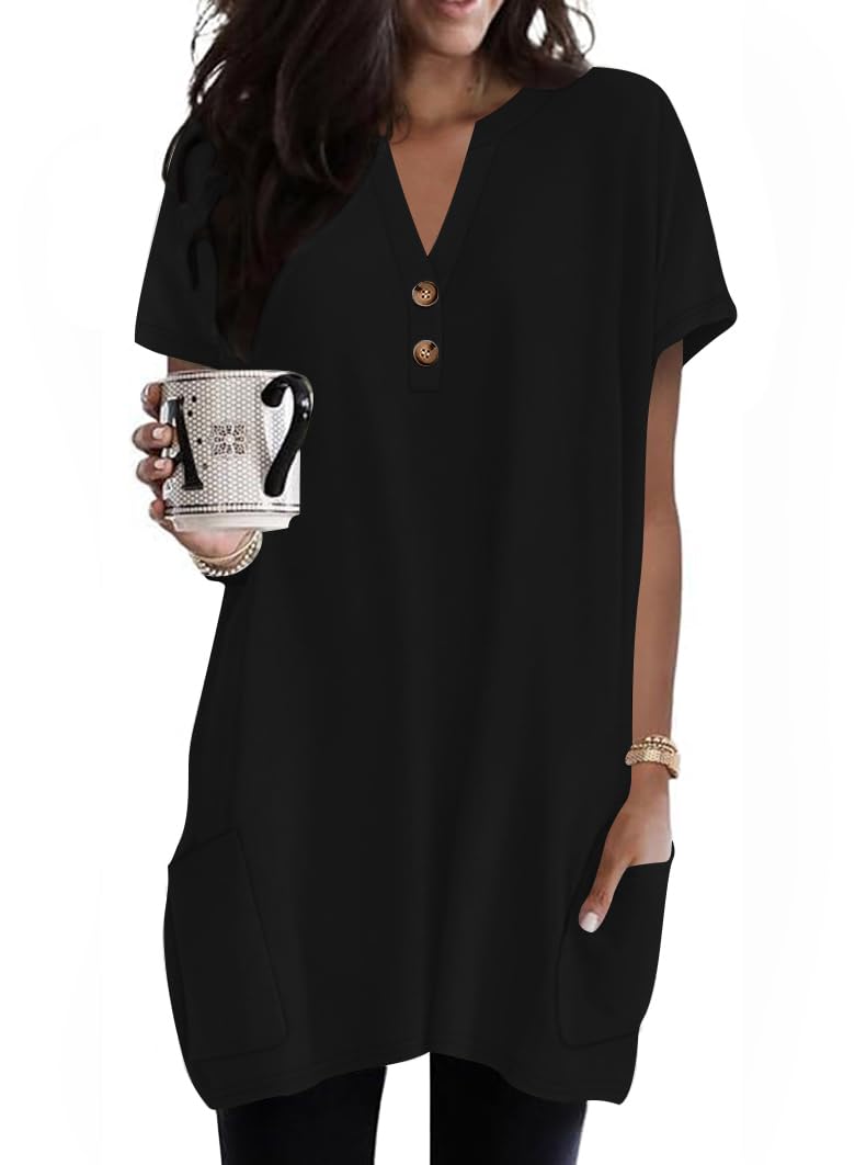 Naggoo Summer Womens Tunic Tops for Leggings with Pockets Button V Neck Short Sleeve Casual Long T Shirts S-3XL
