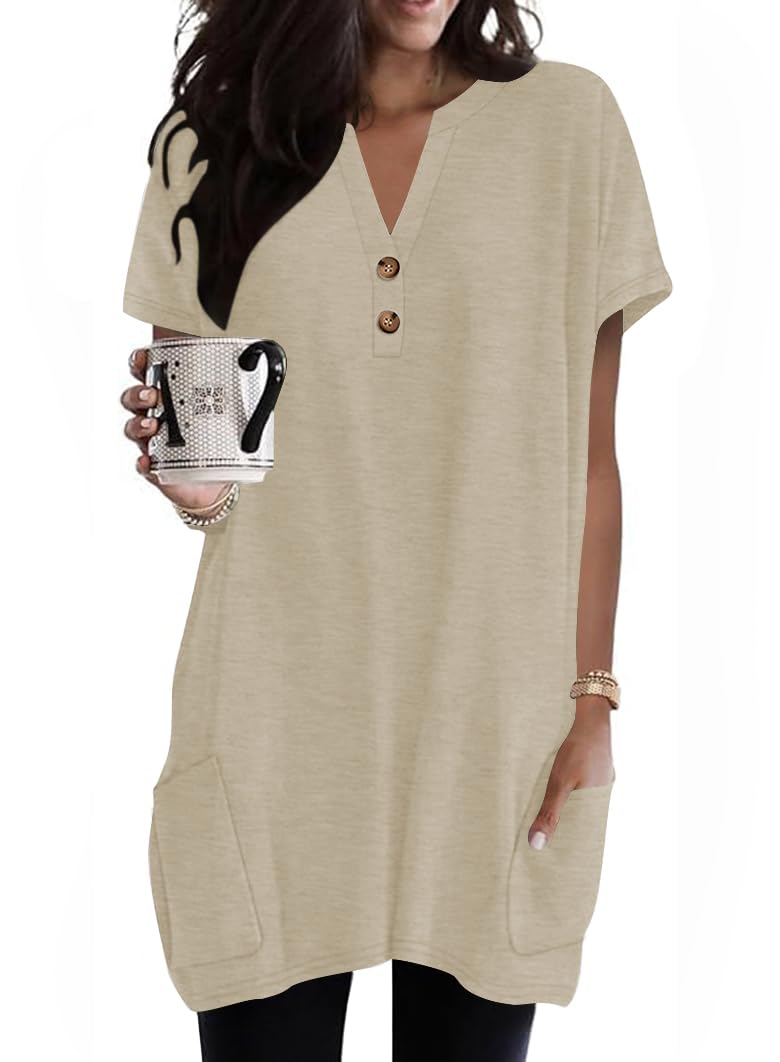 Naggoo Summer Womens Tunic Tops for Leggings with Pockets Button V Neck Short Sleeve Casual Long T Shirts S-3XL