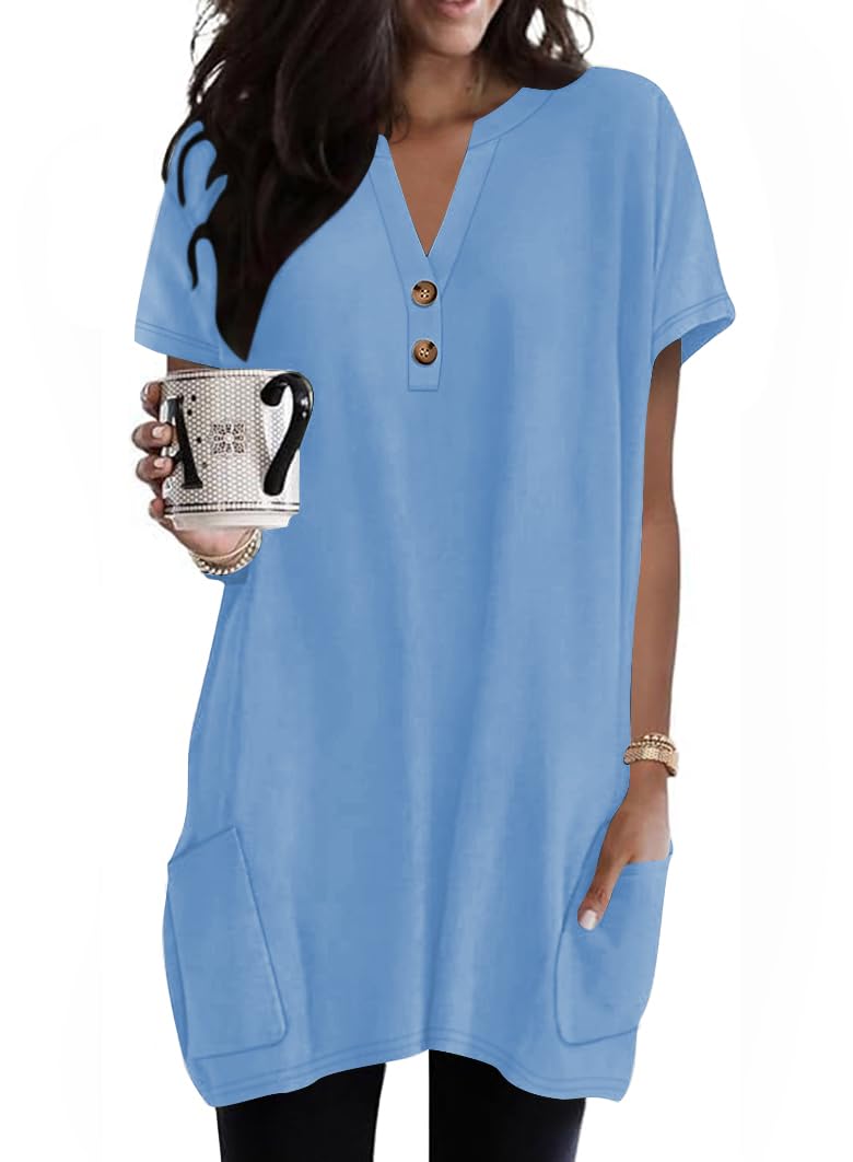 Naggoo Summer Womens Tunic Tops for Leggings with Pockets Button V Neck Short Sleeve Casual Long T Shirts S-3XL
