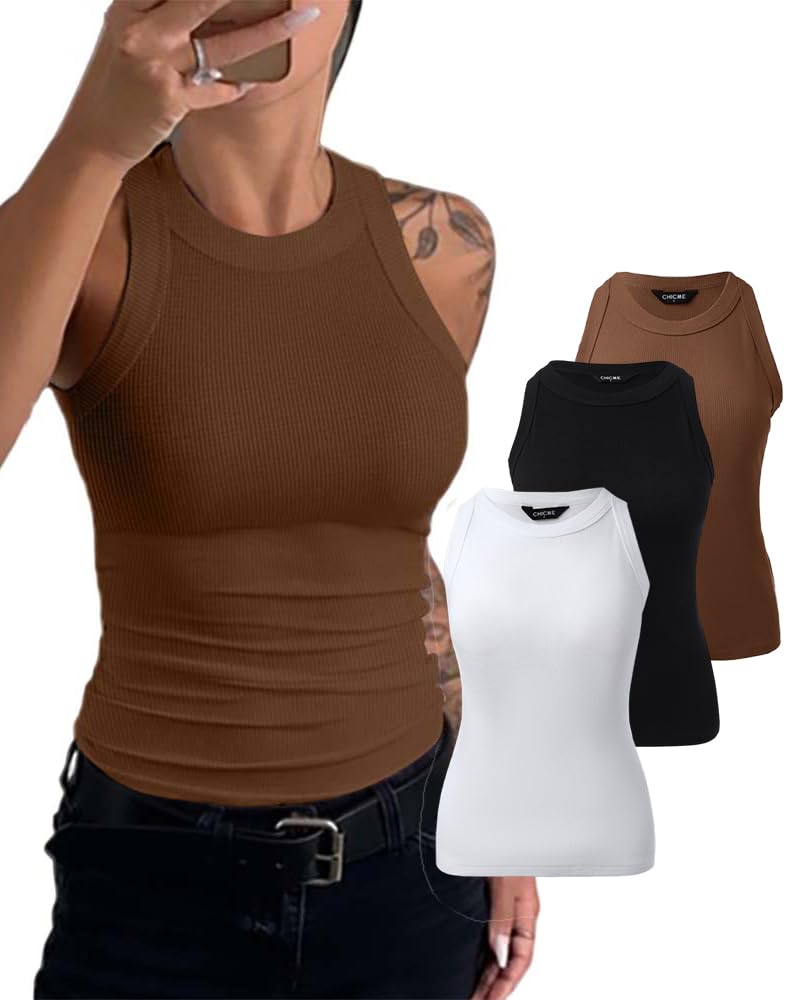 3 Piece Womens Tank Tops Sleeveless Basic Cami Shirt Slim Knit Ribbed Racerback Blouses