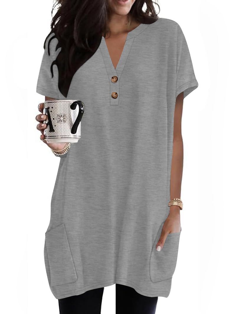 Naggoo Summer Womens Tunic Tops for Leggings with Pockets Button V Neck Short Sleeve Casual Long T Shirts S-3XL