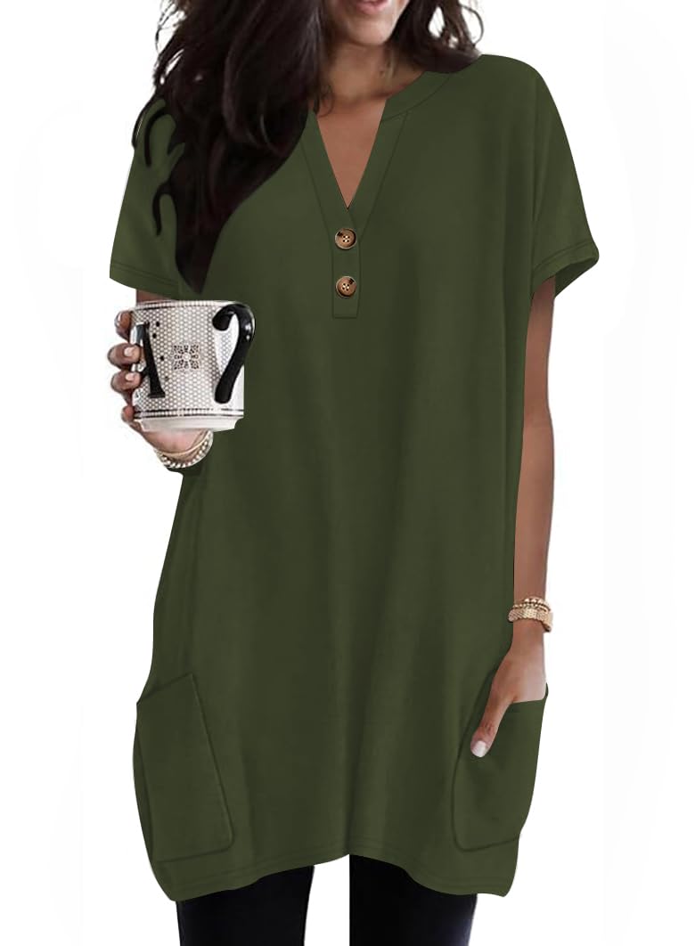 Naggoo Summer Womens Tunic Tops for Leggings with Pockets Button V Neck Short Sleeve Casual Long T Shirts S-3XL