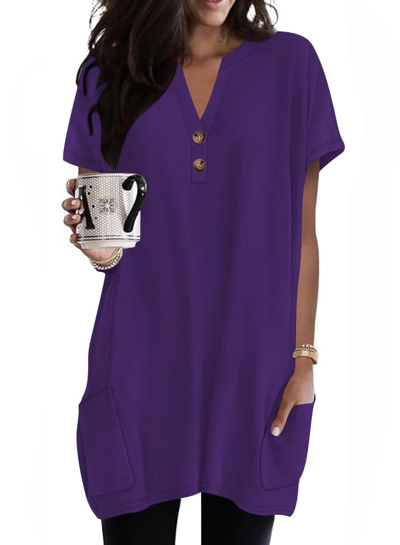 Naggoo Summer Womens Tunic Tops for Leggings with Pockets Button V Neck Short Sleeve Casual Long T Shirts S-3XL