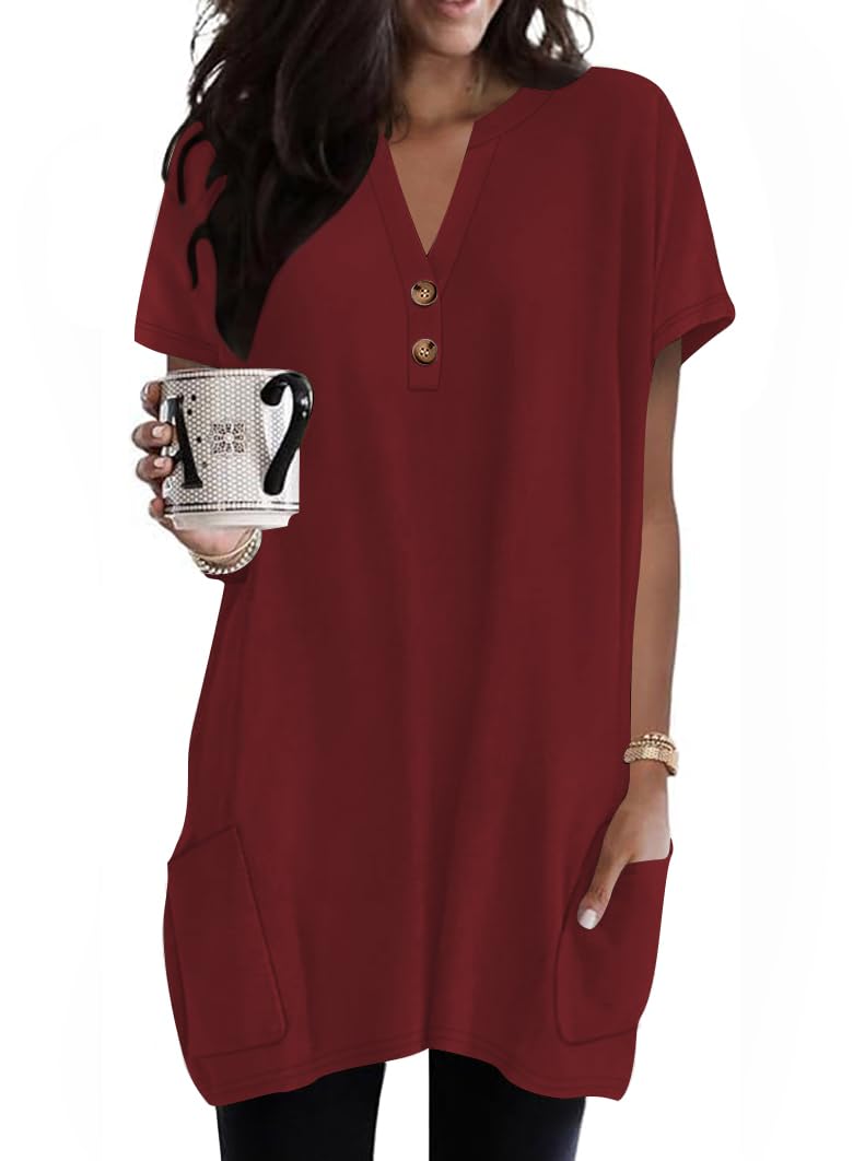 Naggoo Summer Womens Tunic Tops for Leggings with Pockets Button V Neck Short Sleeve Casual Long T Shirts S-3XL