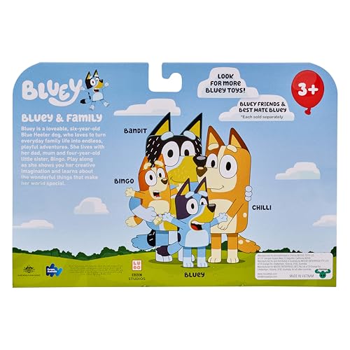 Bluey Family Figure Pack of 4, Robust Poseable Character Toys with Bingo, Chilli, and Bandit Figures, Toddler-Sized Animal Figurines for Kids Ages 3+