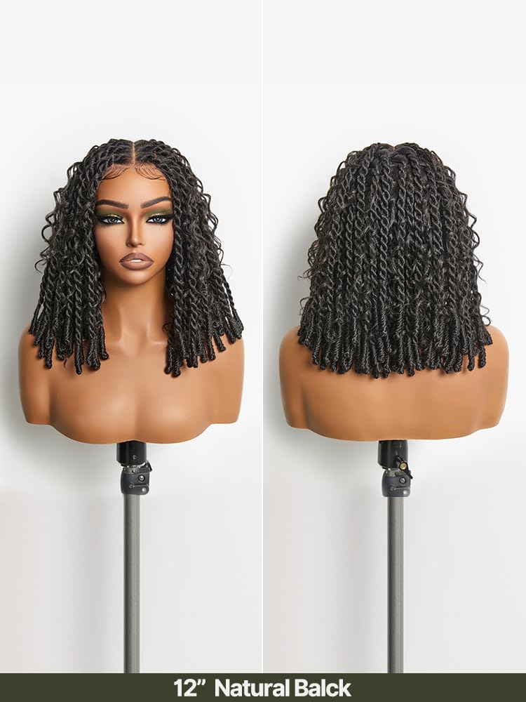 13x5 HD Lace Front Wig Boho Knot Twist Bob Wig 12 Inch Glueless Synthetic Wig Boho Locs Braided Wig for Black Women Pre-Cut Ready to Go Natural Black