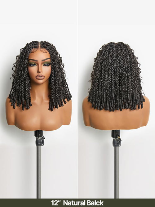 13x5 HD Lace Front Wig Boho Knot Twist Bob Wig 12 Inch Glueless Synthetic Wig Boho Locs Braided Wig for Black Women Pre-Cut Ready to Go Natural Black