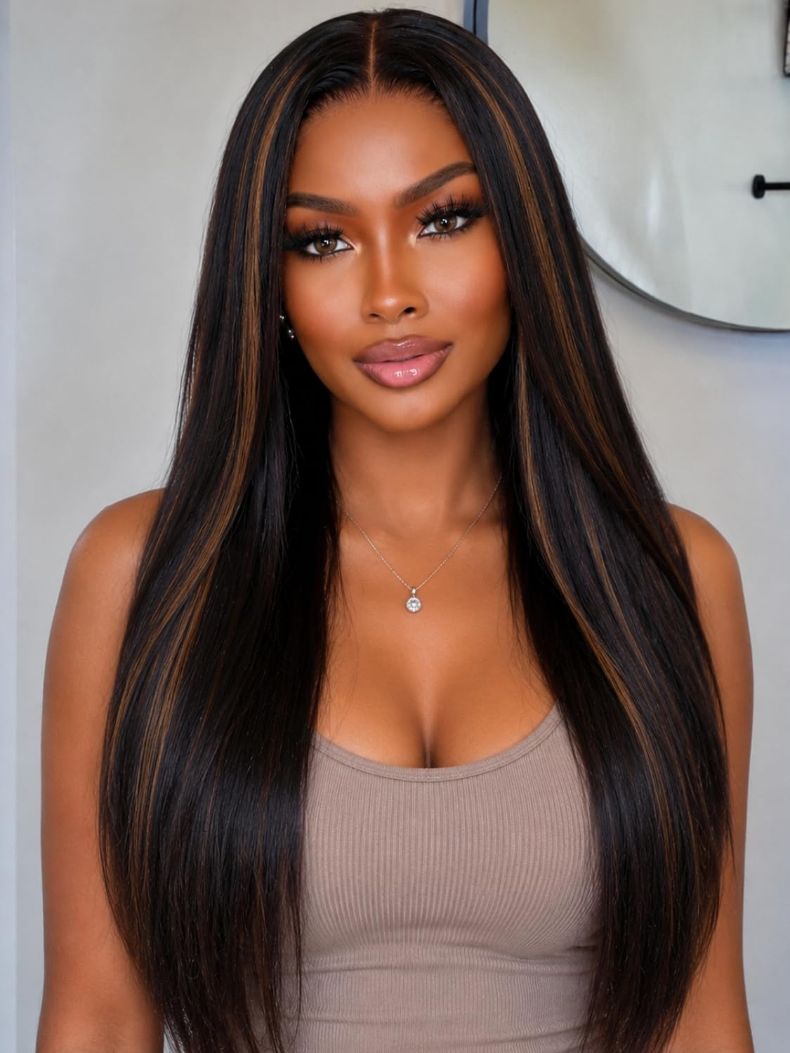 Golden Brown Highlight Glueless Yaki Straight Precut 7x5 Lace Front Wigs Human Hair Drawstring Ombre Pre Plucked Bleached Knots 30S Ready to Wear and Go Wig with Dark Roots 16Inch
