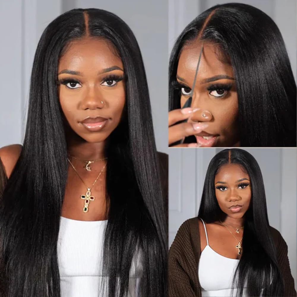 Golden Brown Highlight Glueless Yaki Straight Precut 7x5 Lace Front Wigs Human Hair Drawstring Ombre Pre Plucked Bleached Knots 30S Ready to Wear and Go Wig with Dark Roots 16Inch