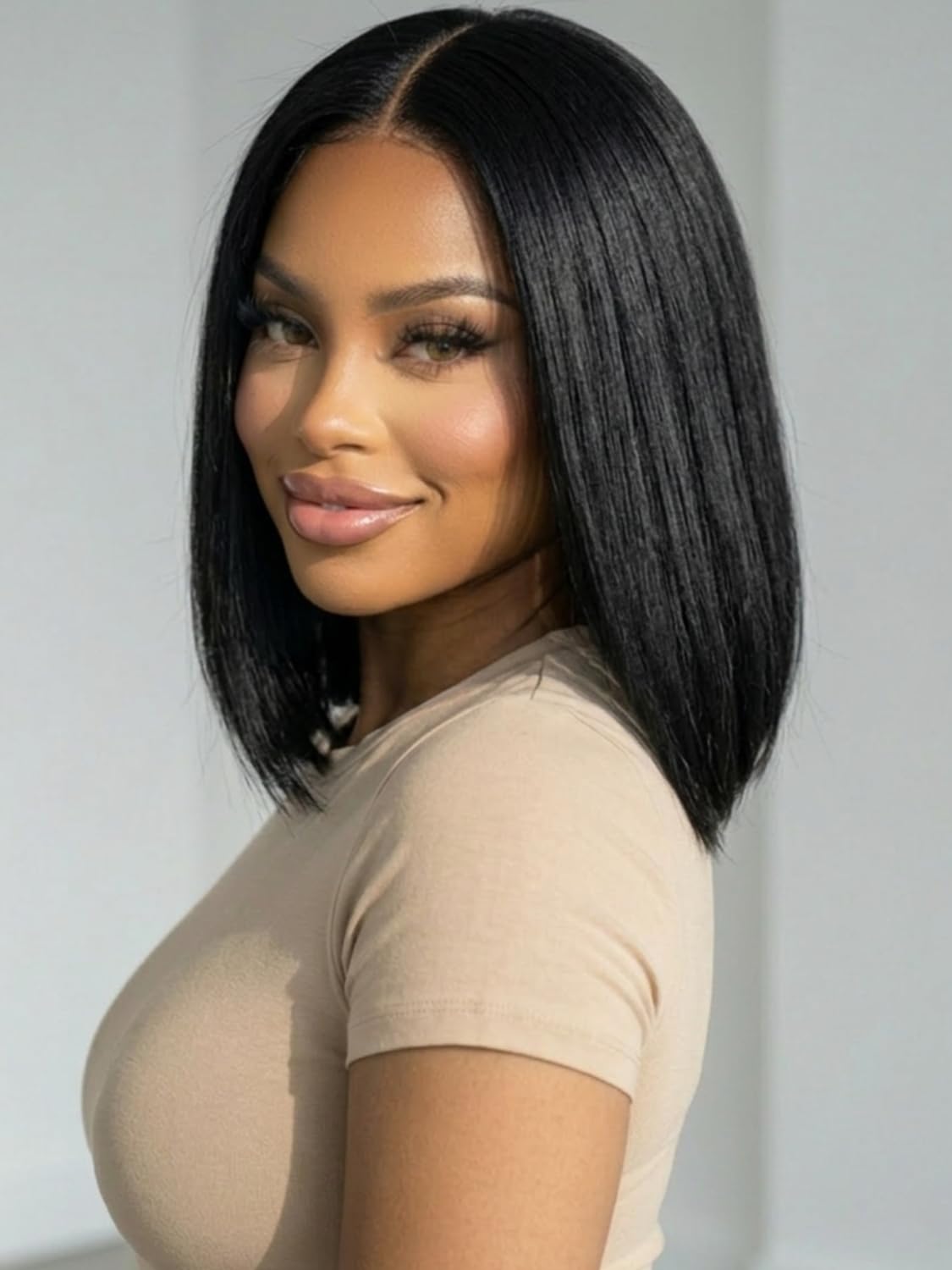Golden Brown Highlight Glueless Yaki Straight Precut 7x5 Lace Front Wigs Human Hair Drawstring Ombre Pre Plucked Bleached Knots 30S Ready to Wear and Go Wig with Dark Roots 16Inch