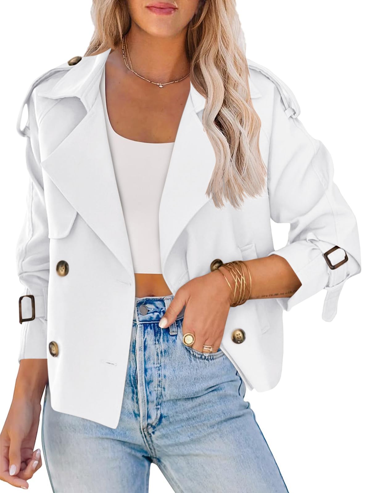 Women Crop Double Breasted Trench Coat Raglan Sleeve Work Office Cropped Jacket With Pockets