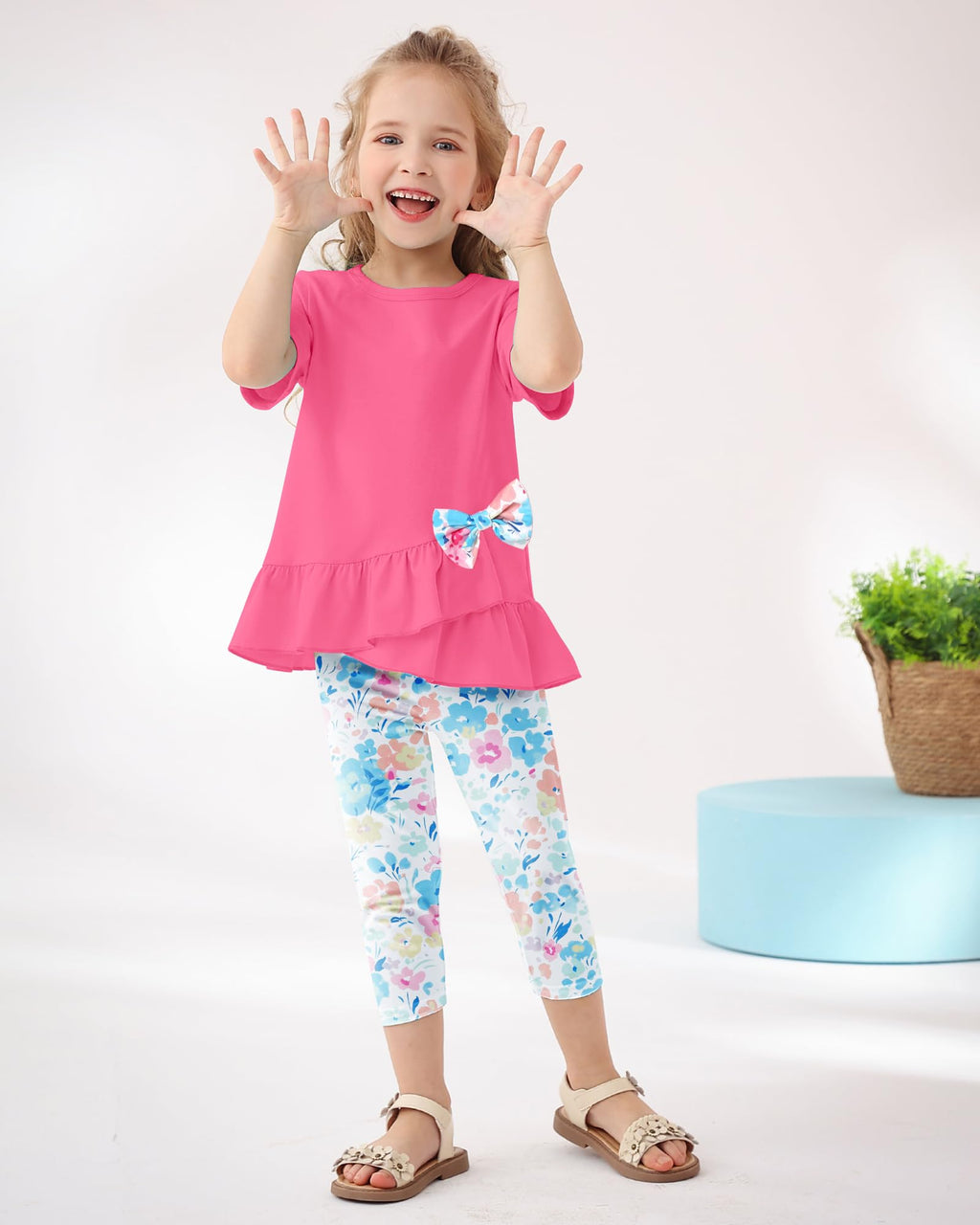 Toddler Girl Clothes 2-8Years Girls Outfit, Short Sleeve Ruffle Bowknot Top+Floral Capri Pants 2Pcs Spring Summer Set