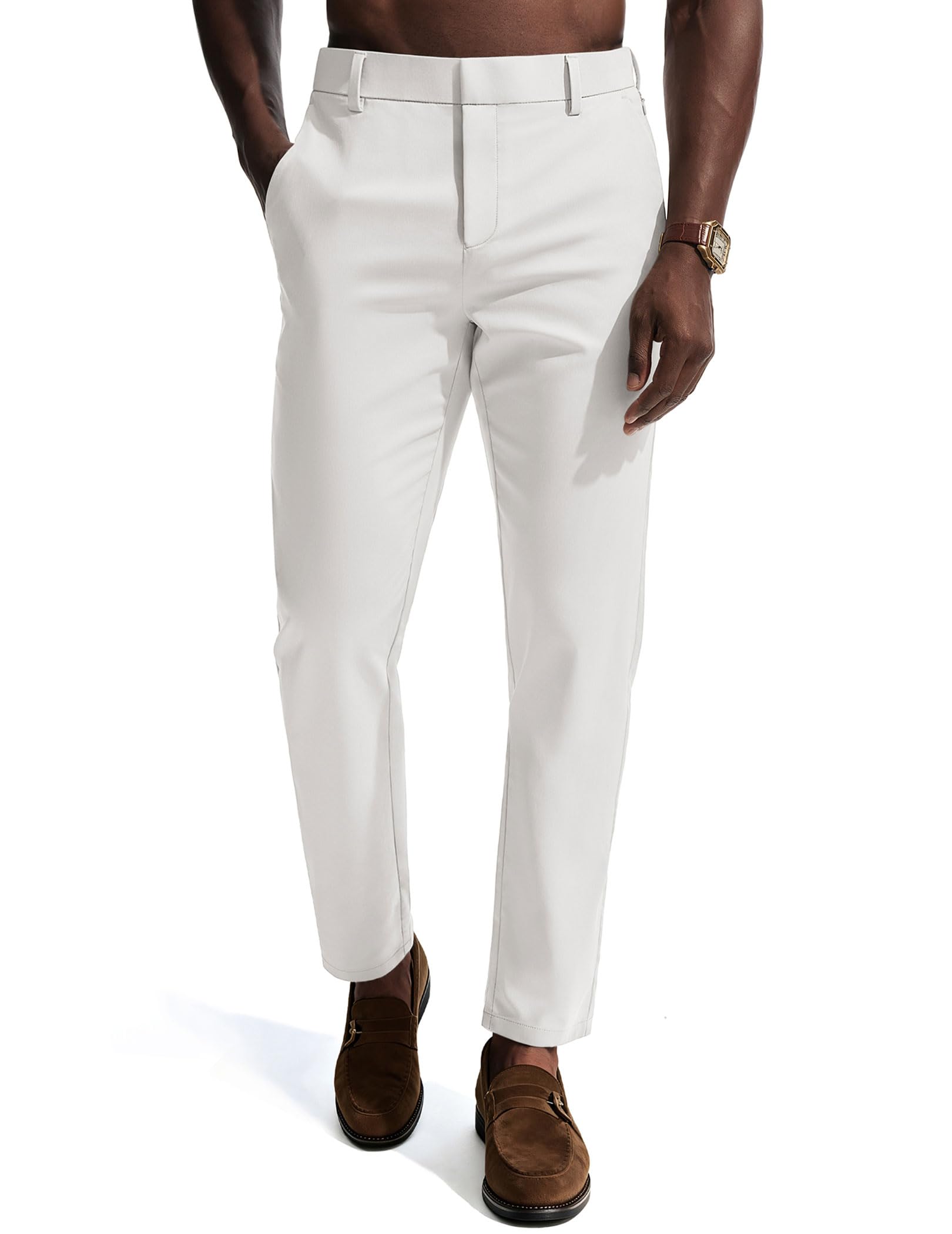 Mens Dress Pants 4-Way Stretch Tapered Trousers Extended Waist Dress Pant Casual Golf Pants