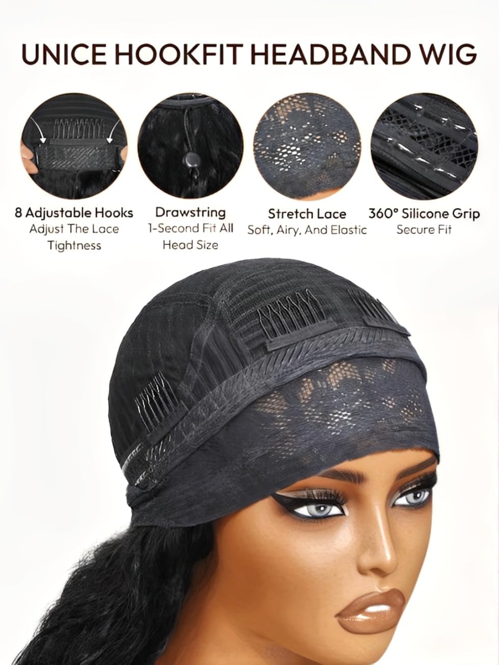 Water Wave Headband Wig Human Hair with Drawstring No-Slip Glueless Headband Half Human Hair Wig 150% Density Natural Black 26 inch