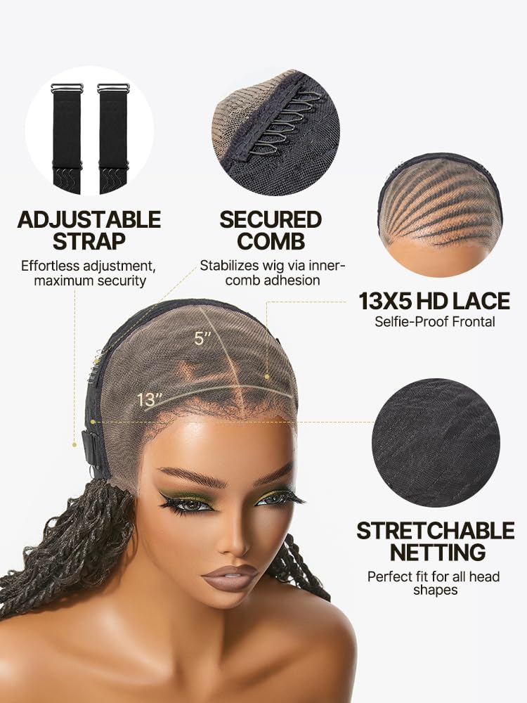13x5 HD Lace Front Wig Boho Knot Twist Bob Wig 12 Inch Glueless Synthetic Wig Boho Locs Braided Wig for Black Women Pre-Cut Ready to Go Natural Black