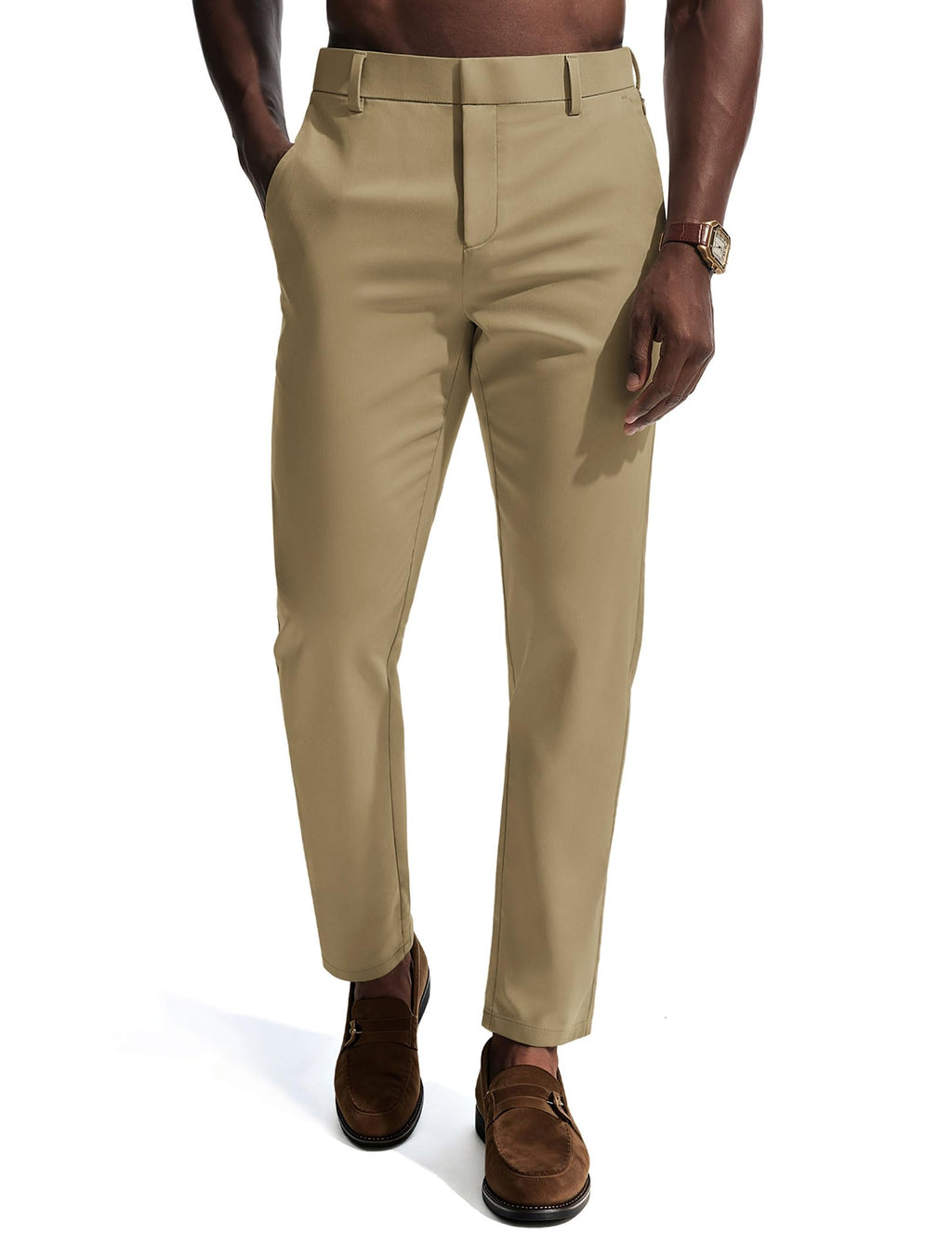 Mens Dress Pants 4-Way Stretch Tapered Trousers Extended Waist Dress Pant Casual Golf Pants