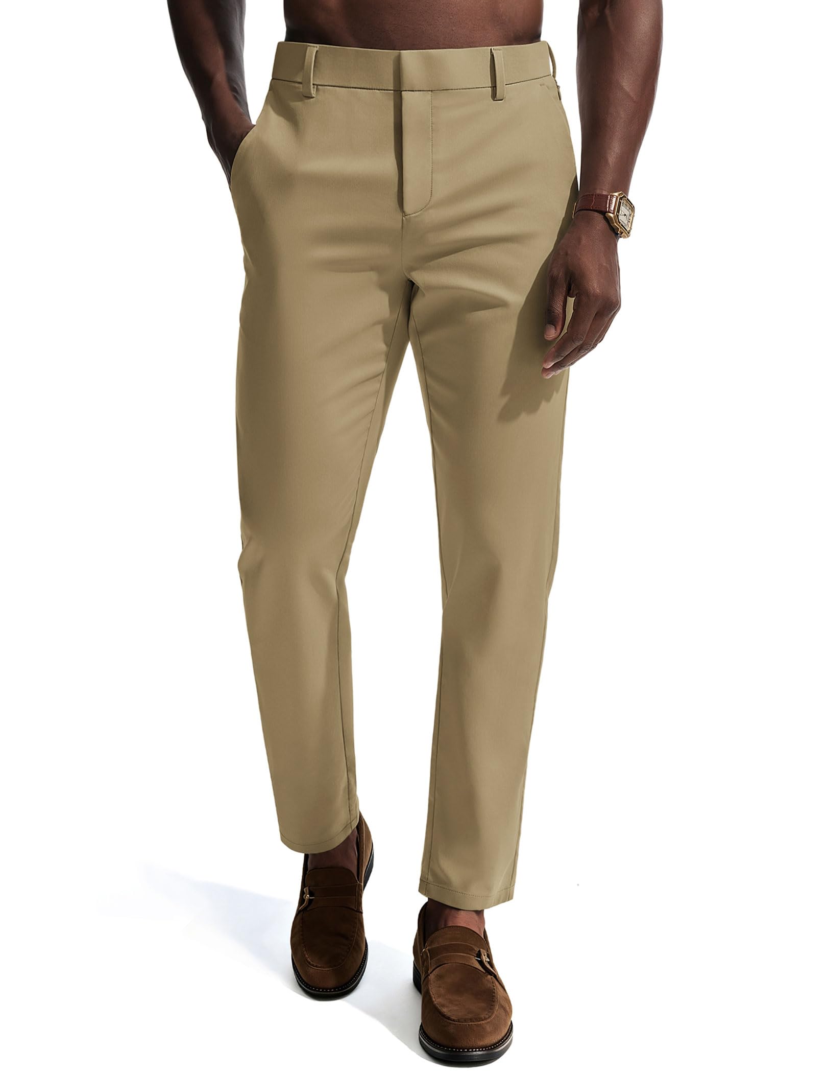 Mens Dress Pants 4-Way Stretch Tapered Trousers Extended Waist Dress Pant Casual Golf Pants