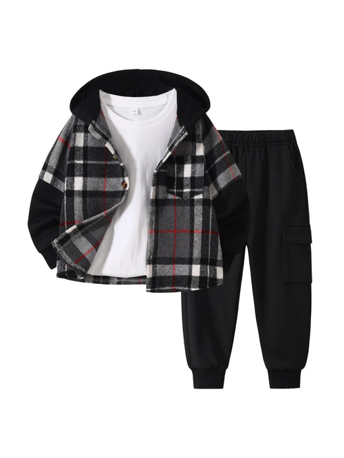2Pcs Kids Boys Flannel Plaid Shirt Tops Pants Set Hoodie Sweatsuit for Fall Winter Spring Outfits 4-12 Years
