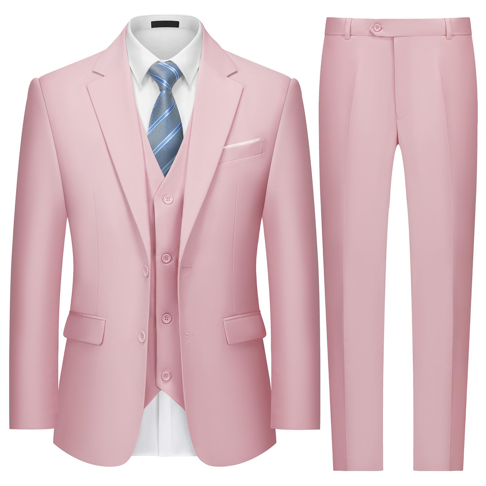 Mens Two Button 3-Piece Suits Slim Fit Tuxedo Set with Blazer Jacket Vest & Pants for Wedding Prom Business
