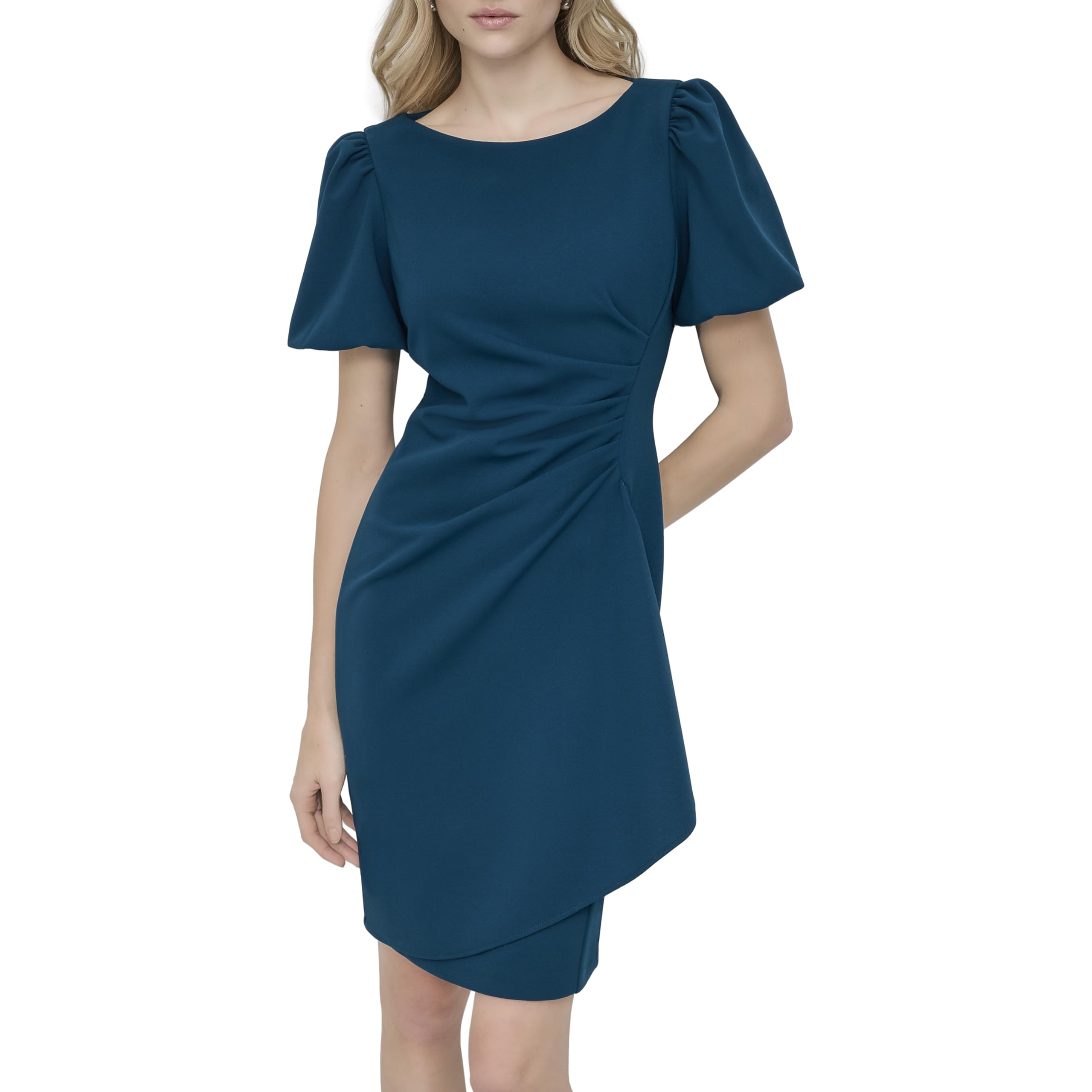 DKNY Women's Short Sleeve Boat Neck Side Ruched Dress