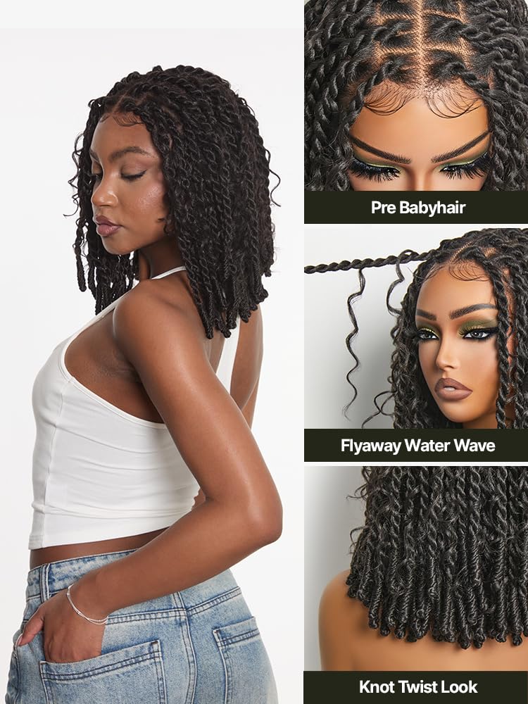 13x5 HD Lace Front Wig Boho Knot Twist Bob Wig 12 Inch Glueless Synthetic Wig Boho Locs Braided Wig for Black Women Pre-Cut Ready to Go Natural Black