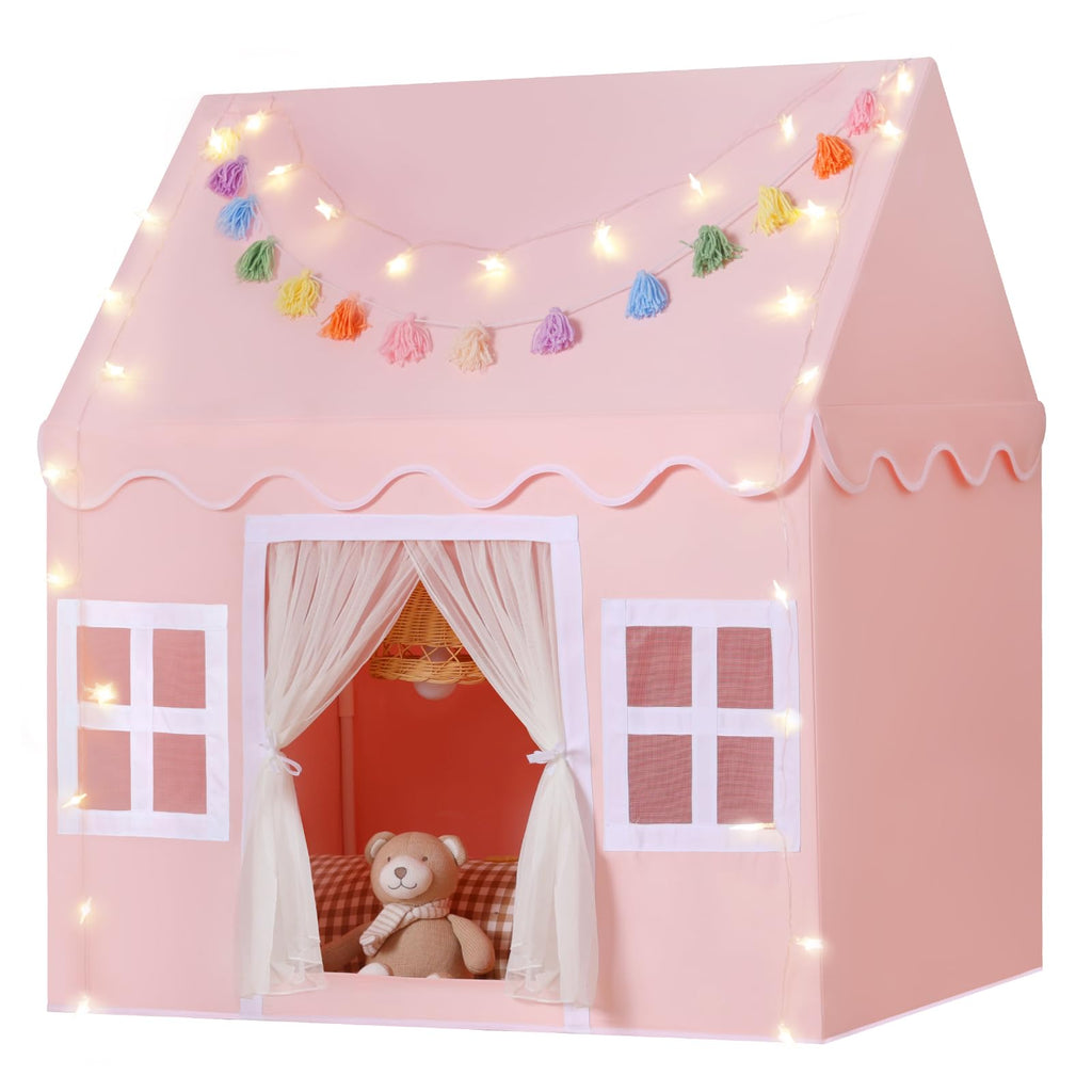 Kids Play Tent Indoor: with Mat, Tassel Garland, Star Lights - Girl Tent Indoor Playhouse for Kids Toys for Boy Girl Birthday Gift