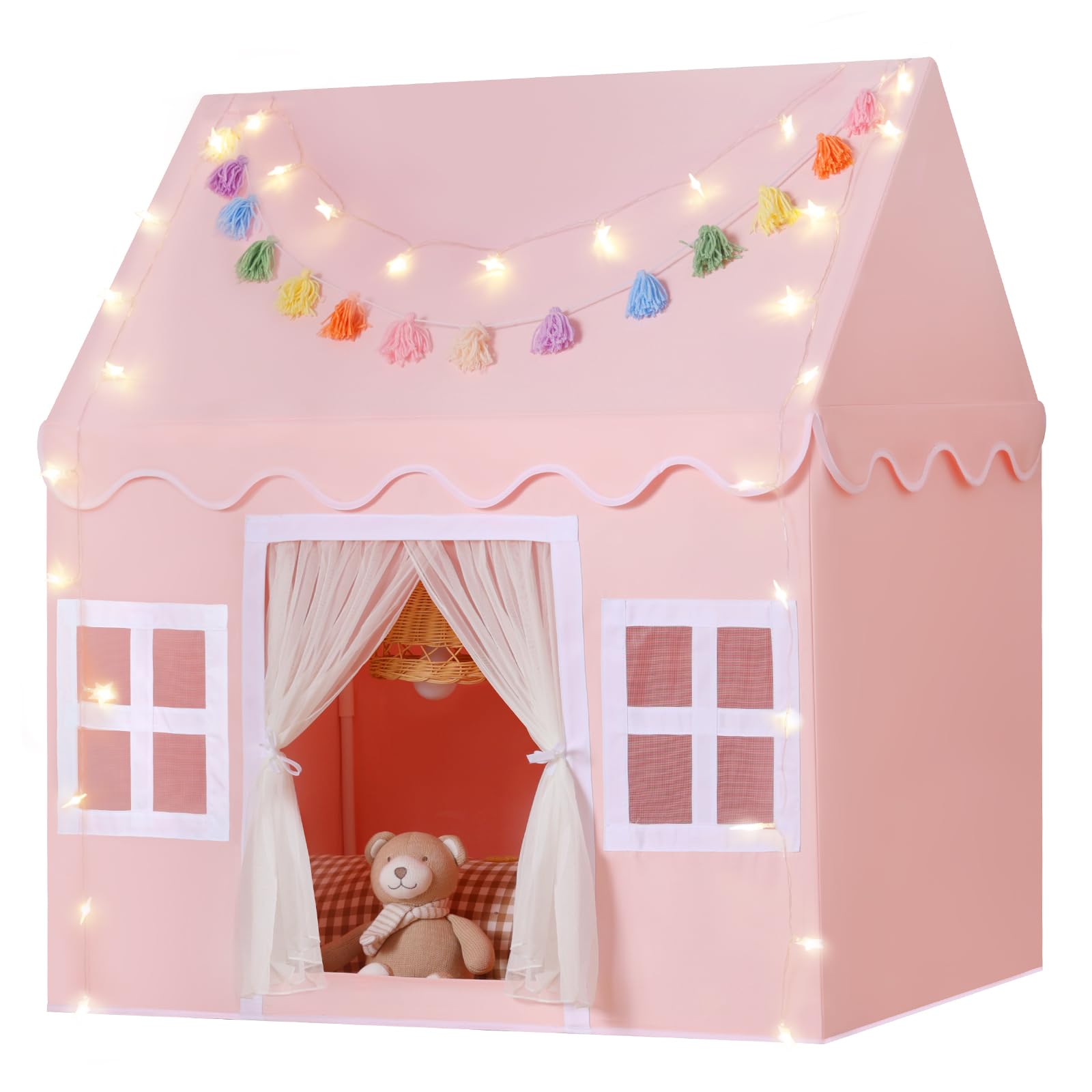 Kids Play Tent Indoor: with Mat, Tassel Garland, Star Lights - Girl Tent Indoor Playhouse for Kids Toys for Boy Girl Birthday Gift