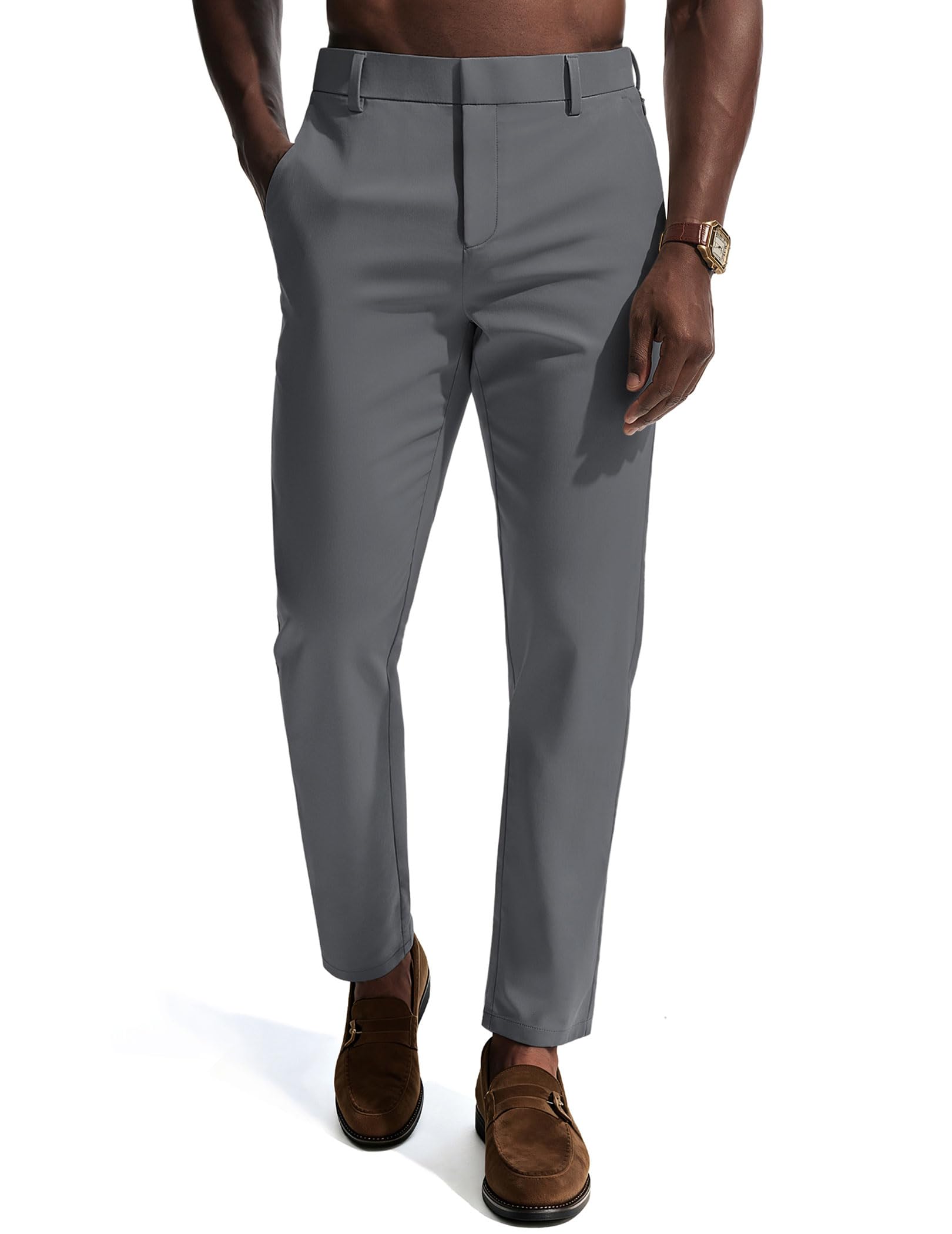 Mens Dress Pants 4-Way Stretch Tapered Trousers Extended Waist Dress Pant Casual Golf Pants