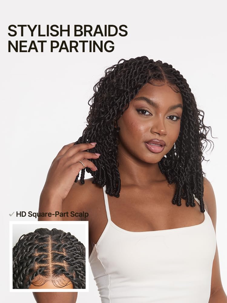13x5 HD Lace Front Wig Boho Knot Twist Bob Wig 12 Inch Glueless Synthetic Wig Boho Locs Braided Wig for Black Women Pre-Cut Ready to Go Natural Black
