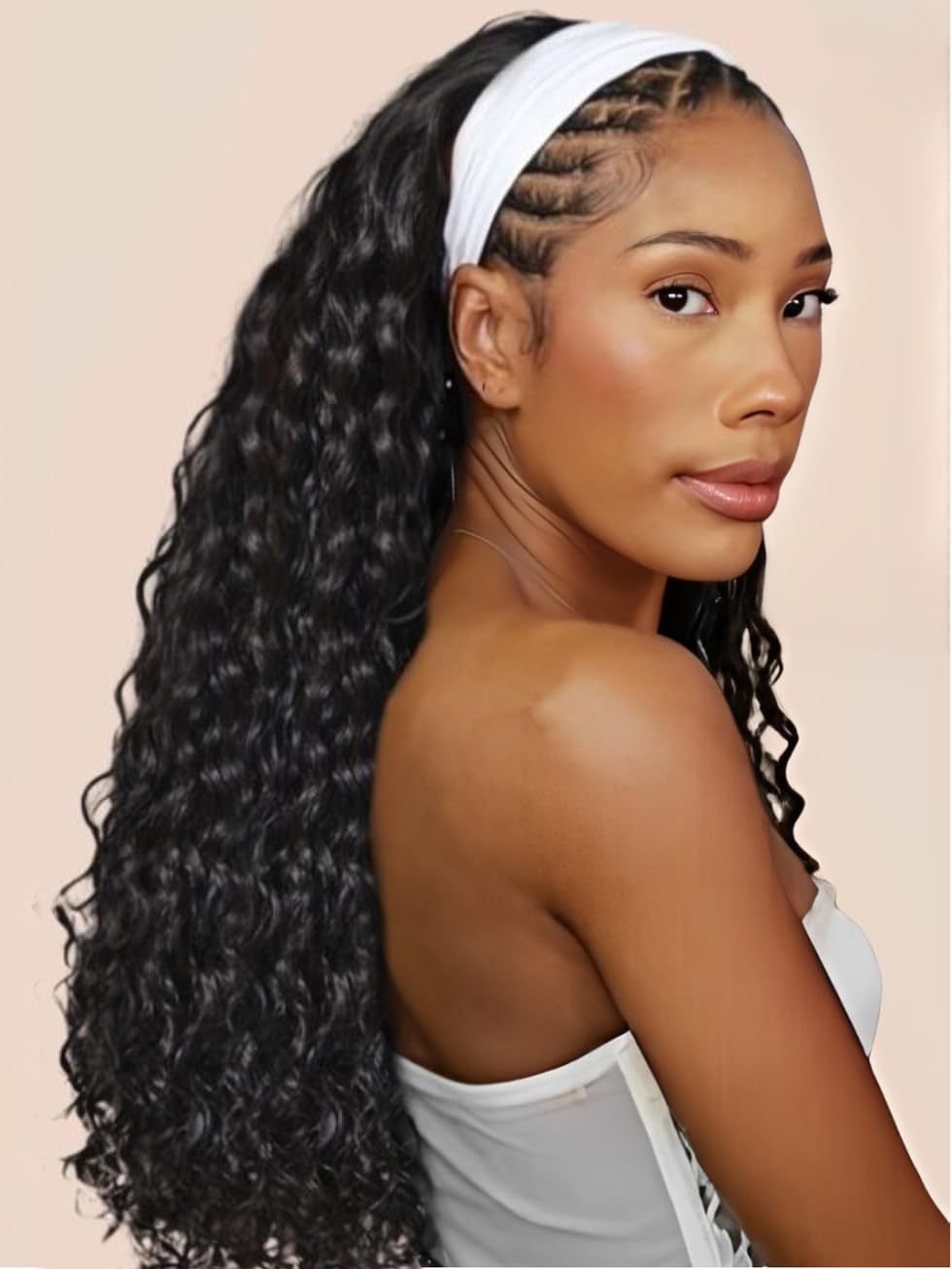 Water Wave Headband Wig Human Hair with Drawstring No-Slip Glueless Headband Half Human Hair Wig 150% Density Natural Black 26 inch