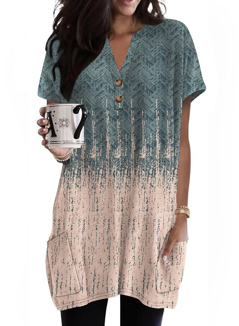 Naggoo Summer Womens Tunic Tops for Leggings with Pockets Button V Neck Short Sleeve Casual Long T Shirts S-3XL