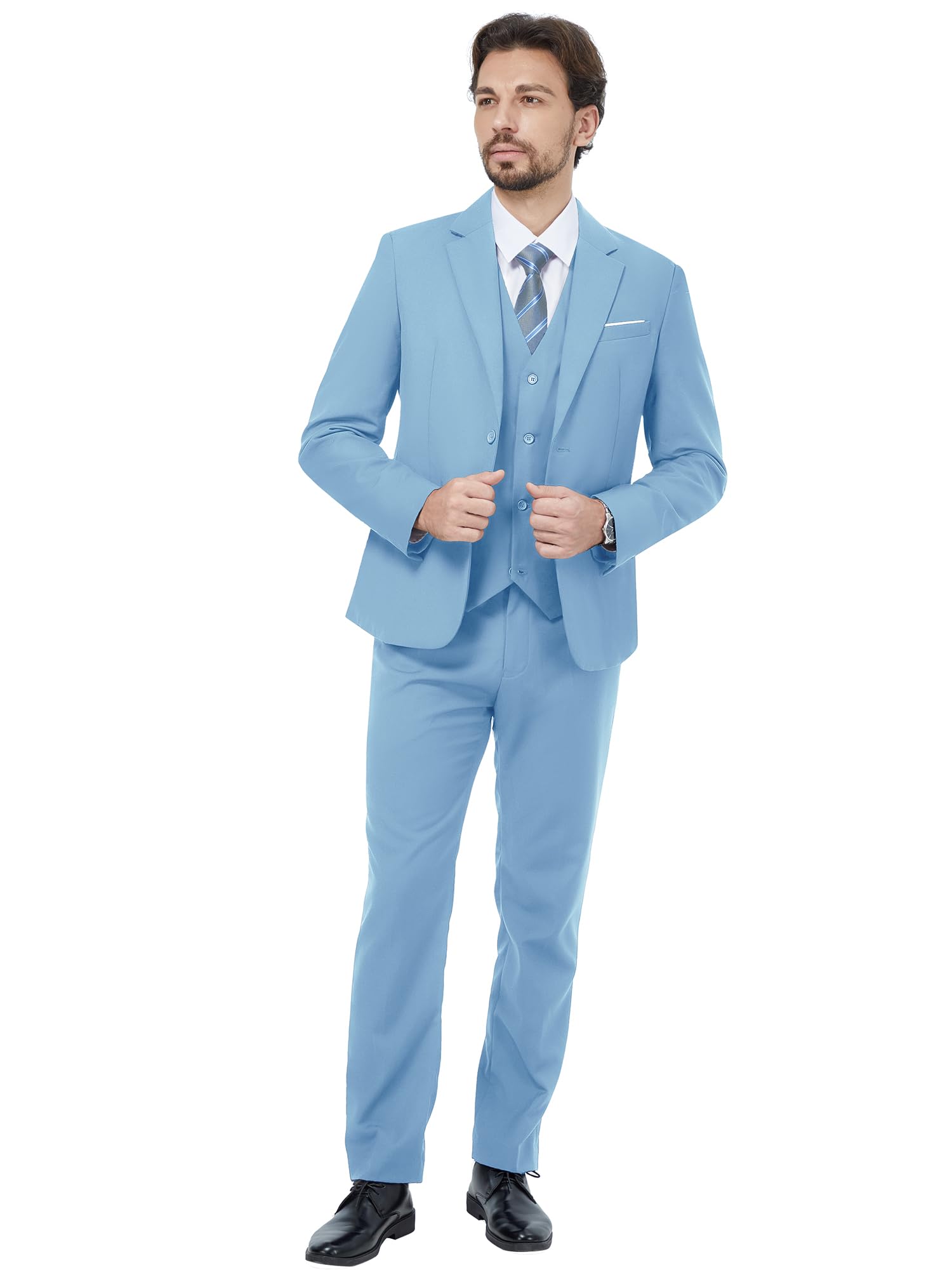 Mens Two Button 3-Piece Suits Slim Fit Tuxedo Set with Blazer Jacket Vest & Pants for Wedding Prom Business
