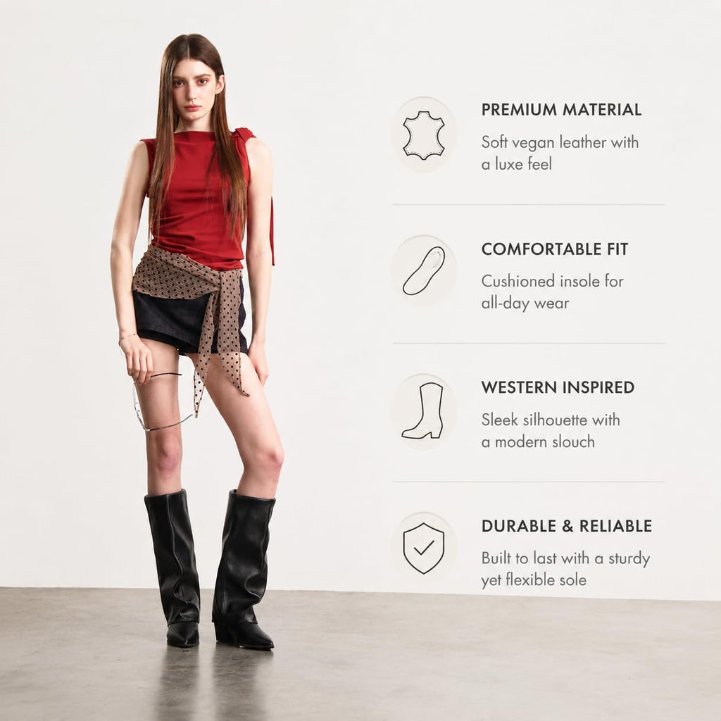 Knee High Boots Women, Fold Over Shark Boots Pointed Toe block heels Wide Calf，Minimalist Street Style Faux Leather Boots for Fall & Winter