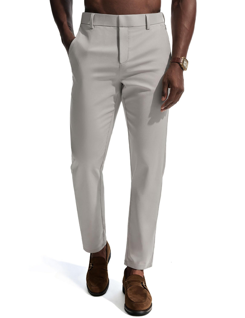 Mens Dress Pants 4-Way Stretch Tapered Trousers Extended Waist Dress Pant Casual Golf Pants