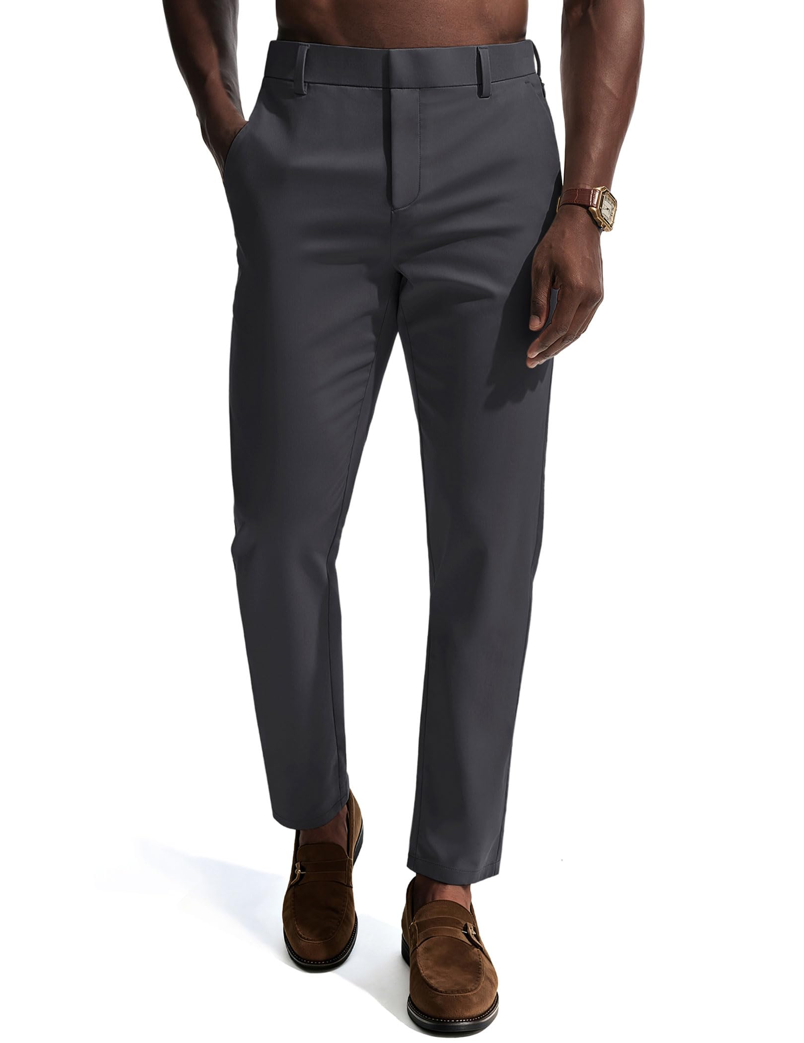 Mens Dress Pants 4-Way Stretch Tapered Trousers Extended Waist Dress Pant Casual Golf Pants