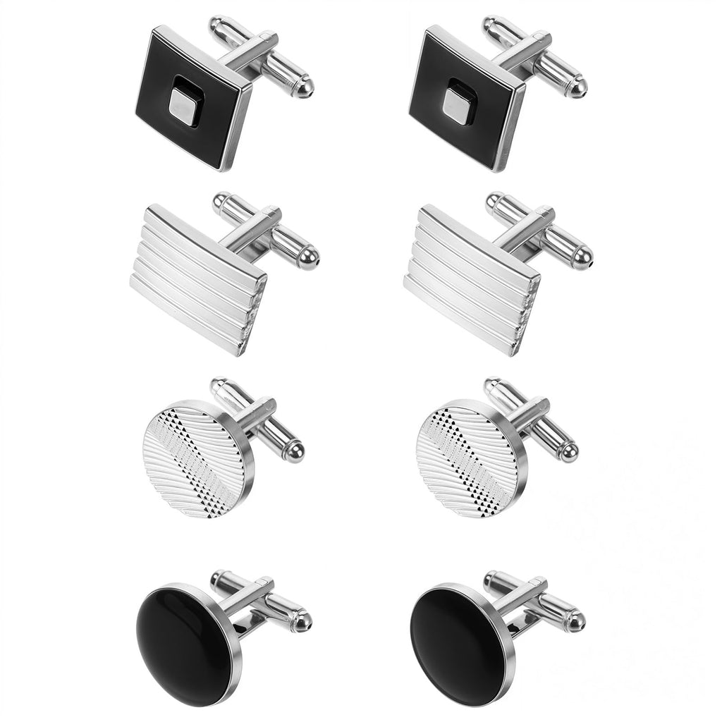 4 Pairs Cufflinks for Men Classic Tone Cuff Links Fashion Men Cufflinks Gold/Sliver Striped Disc Square Rectangle Cuff Links for Business Wedding Party Gift Box