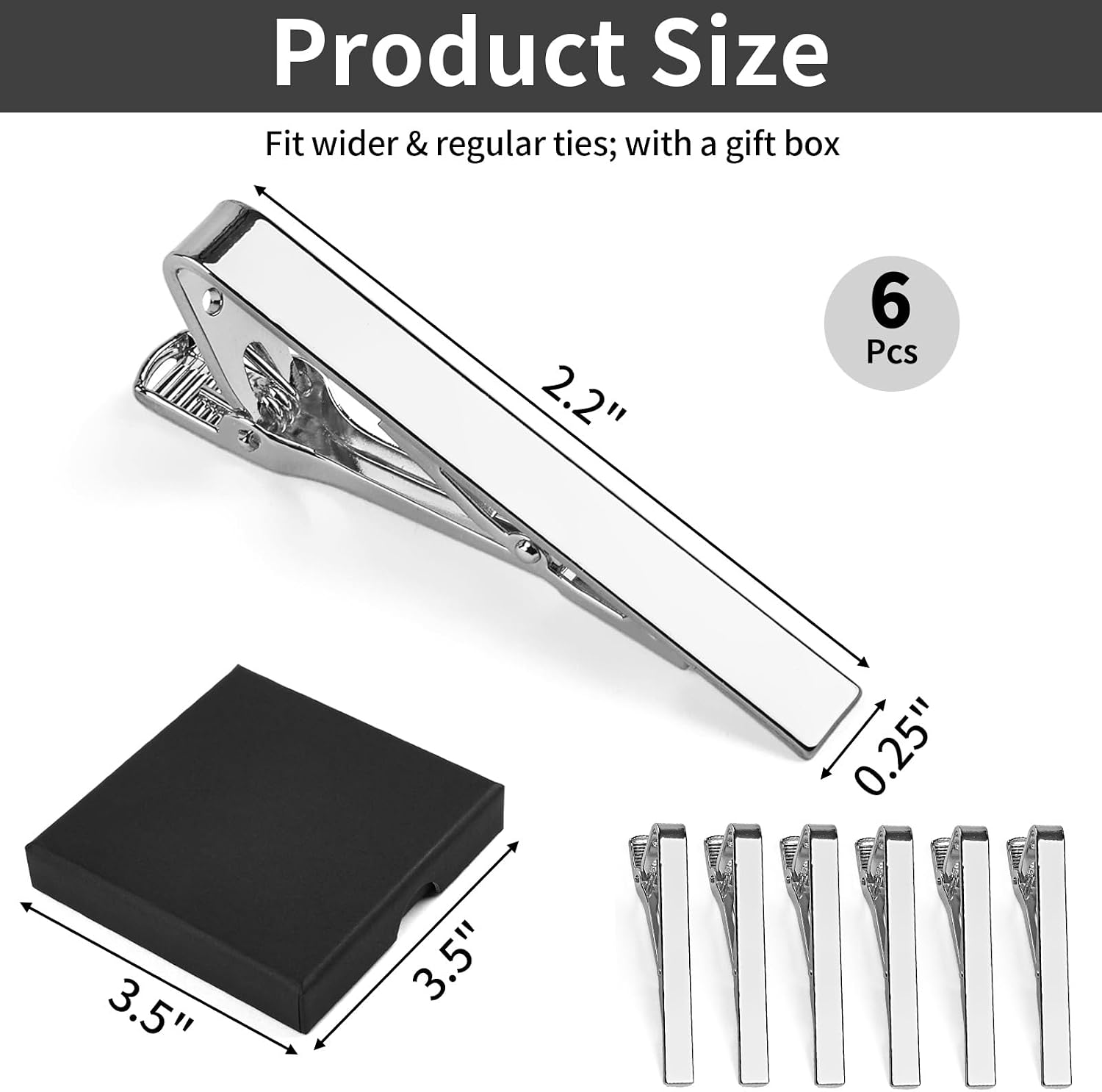 6 Pcs Tie Clips for Men, Classic Shiny & Glossy Tie Bar, Ideal for Father, Husband, Boyfriend, Business, Wedding, Tie Pins with Gift Box