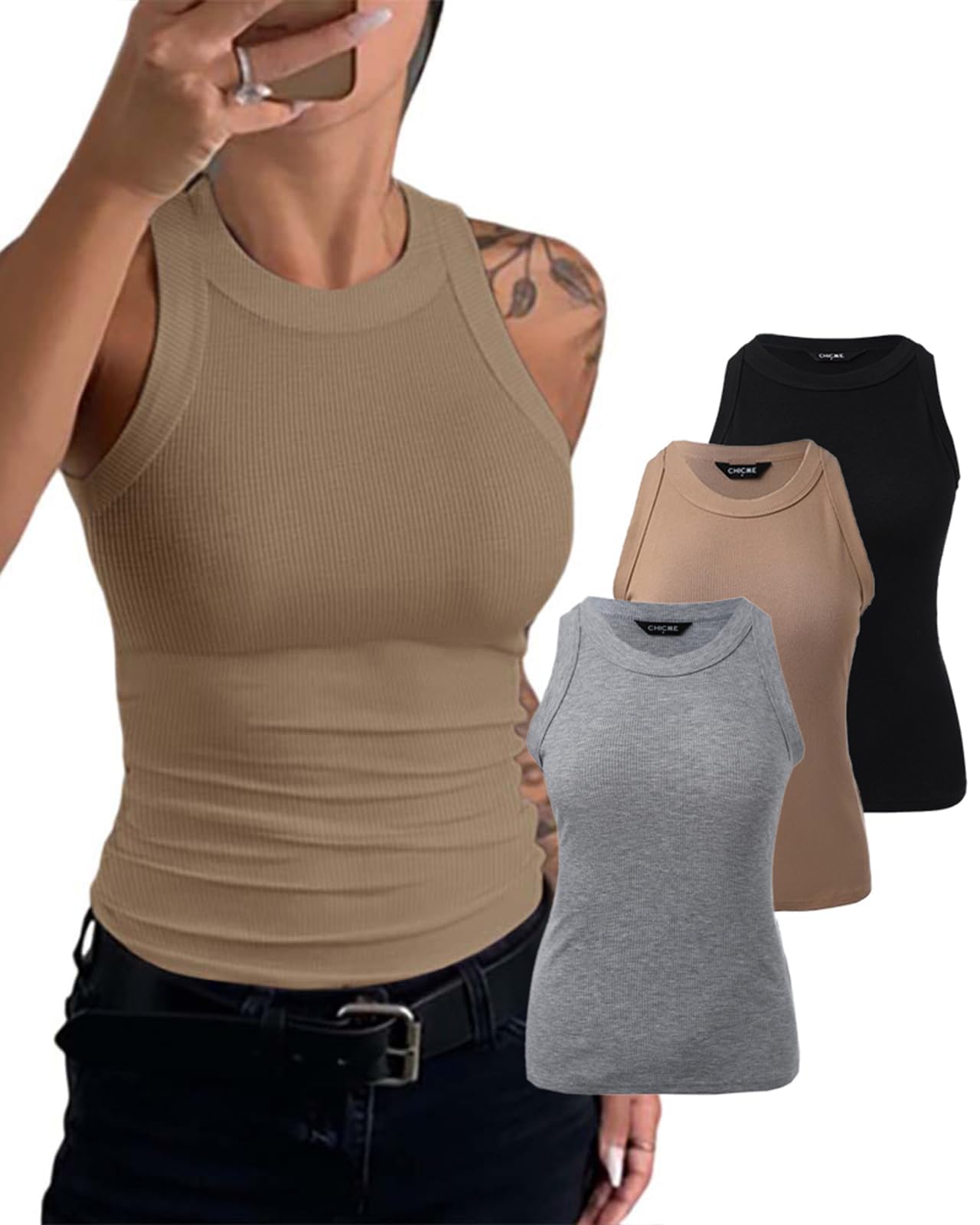 3 Piece Womens Tank Tops Sleeveless Basic Cami Shirt Slim Knit Ribbed Racerback Blouses