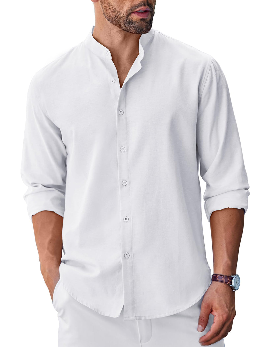 Men's Long Sleeve Oxford Dress Shirts Button Down Shirt Casual Band Collar Shirts