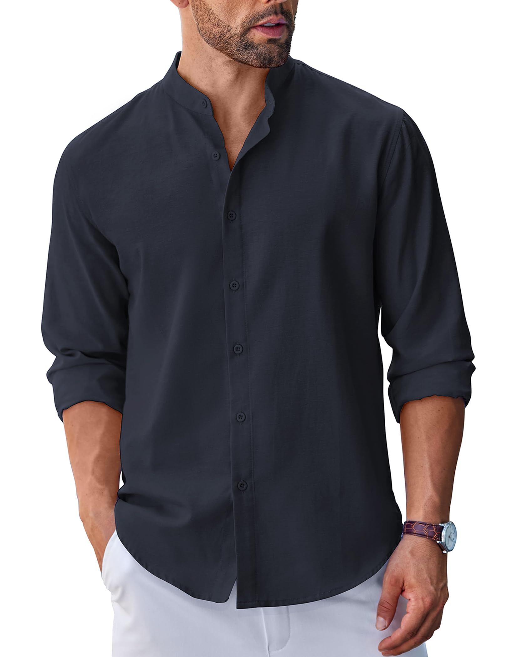Men's Long Sleeve Oxford Dress Shirts Button Down Shirt Casual Band Collar Shirts