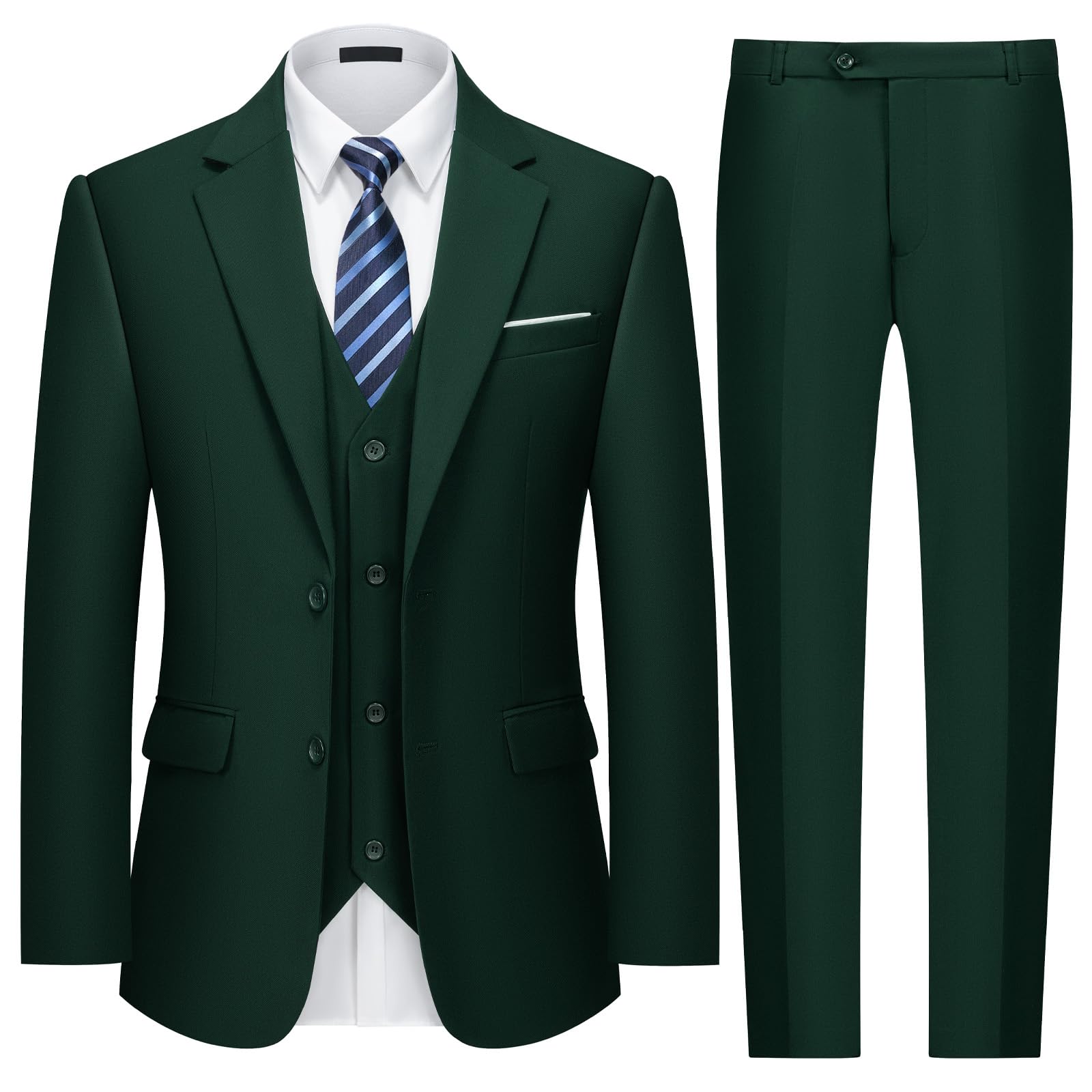Mens Two Button 3-Piece Suits Slim Fit Tuxedo Set with Blazer Jacket Vest & Pants for Wedding Prom Business