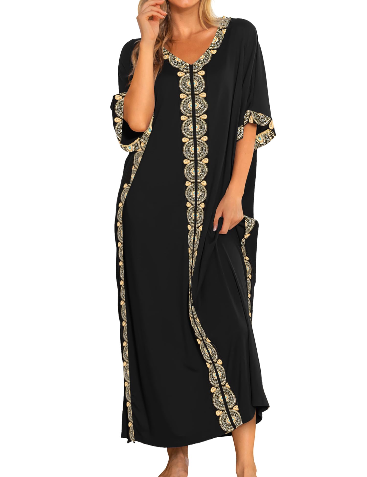 Women Nightgowns Cotton Caftan House Dress Short Sleeve Sleepwear Vacation Beach Moo Moos Dress with Pockets