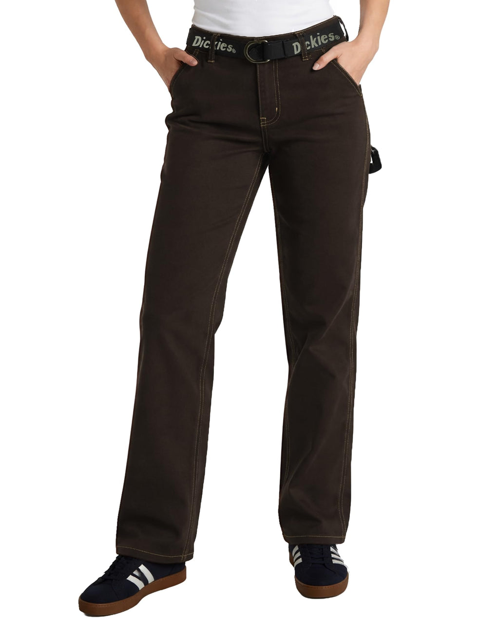 Dickies Womens Work Pants with Belt - Relaxed Fit Straight Leg High Waisted Carpenter Pants for Women with Utility Pockets