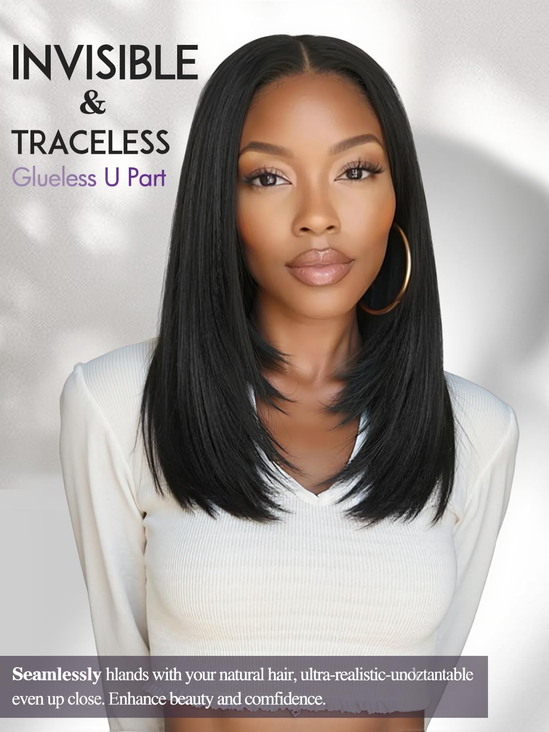Yaki Straight Layered U Part Wigs V Part Glueless Clip in Half Wigs for Women Realistic Natural Looking Heat Resistant Synthetic Hair(24inch,Natural Black)