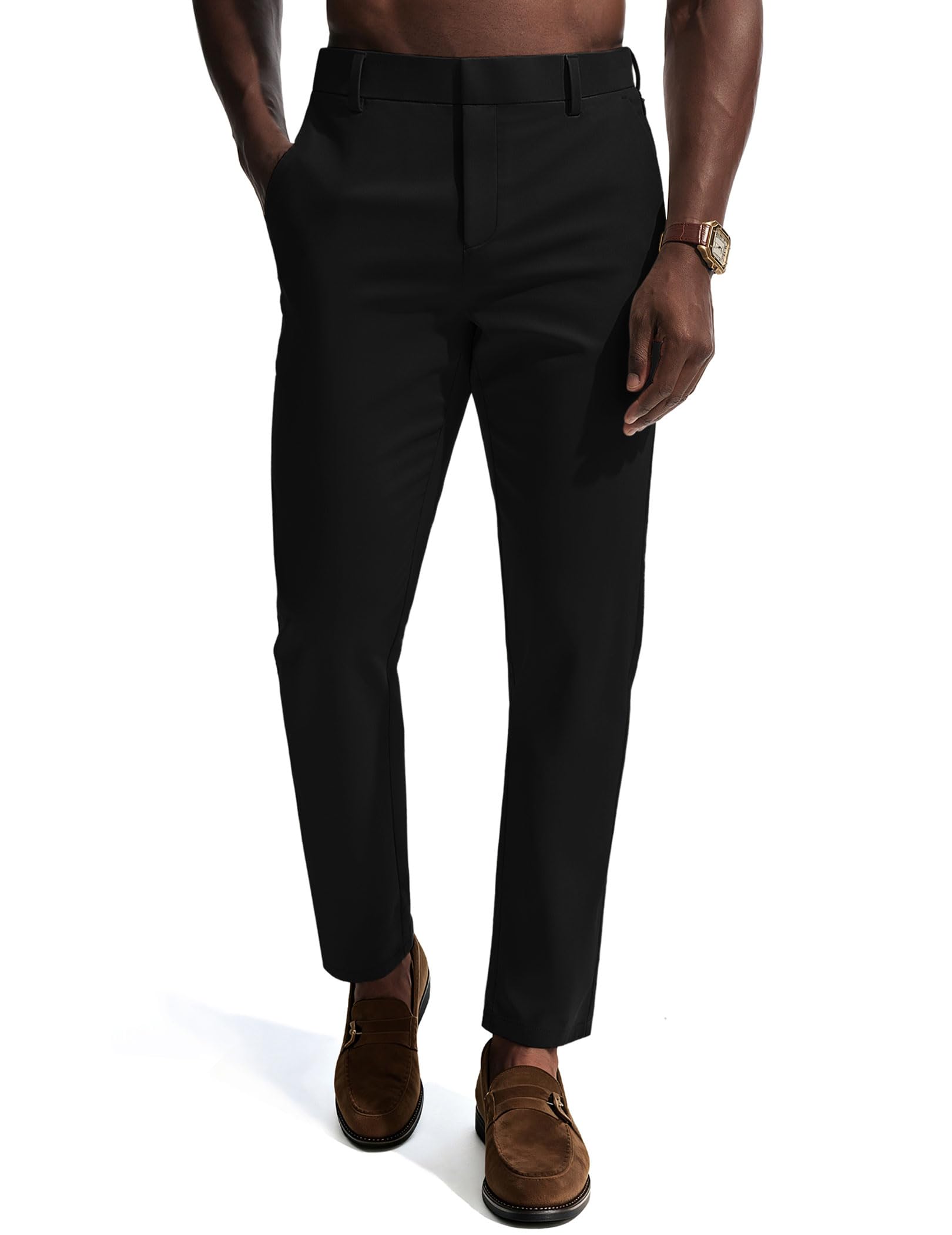 Mens Dress Pants 4-Way Stretch Tapered Trousers Extended Waist Dress Pant Casual Golf Pants