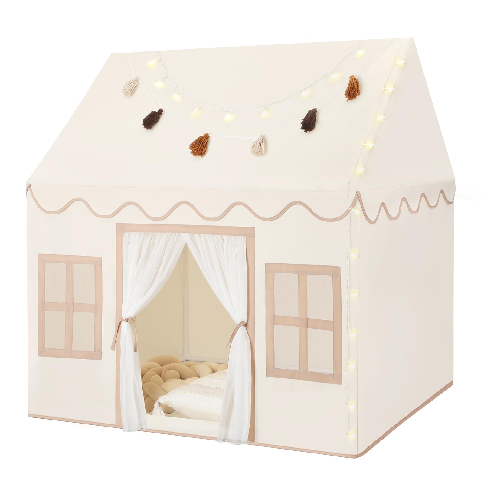 Kids Play Tent Indoor: with Mat, Tassel Garland, Star Lights - Girl Tent Indoor Playhouse for Kids Toys for Boy Girl Birthday Gift