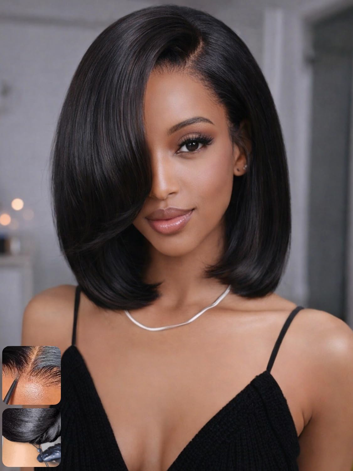 Golden Brown Highlight Glueless Yaki Straight Precut 7x5 Lace Front Wigs Human Hair Drawstring Ombre Pre Plucked Bleached Knots 30S Ready to Wear and Go Wig with Dark Roots 16Inch