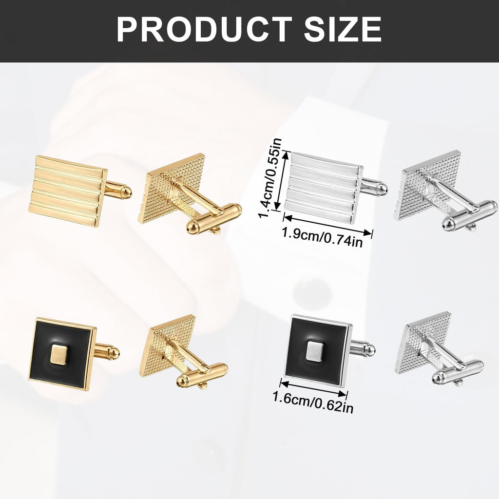4 Pairs Cufflinks for Men Classic Tone Cuff Links Fashion Men Cufflinks Gold/Sliver Striped Disc Square Rectangle Cuff Links for Business Wedding Party Gift Box