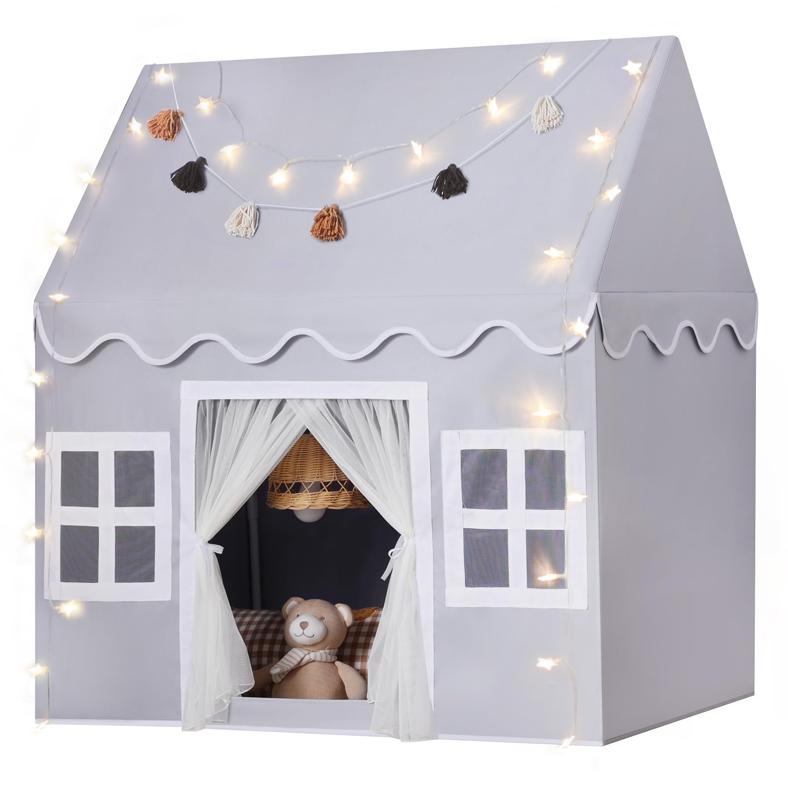 Kids Play Tent Indoor: with Mat, Tassel Garland, Star Lights - Girl Tent Indoor Playhouse for Kids Toys for Boy Girl Birthday Gift