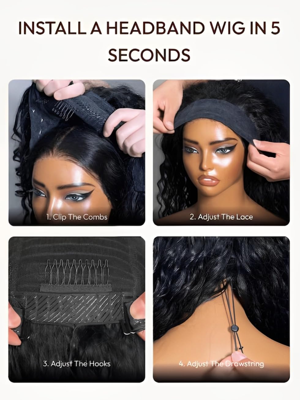 Water Wave Headband Wig Human Hair with Drawstring No-Slip Glueless Headband Half Human Hair Wig 150% Density Natural Black 26 inch